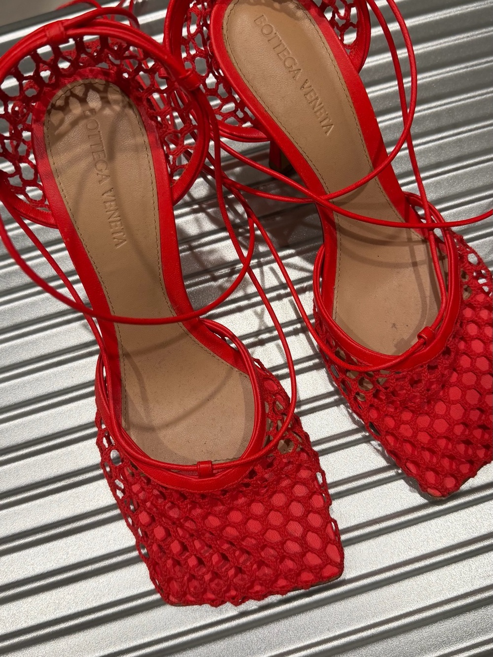Bottega Veneta Red Lace-Up Mesh Pointed-Toe Heels
